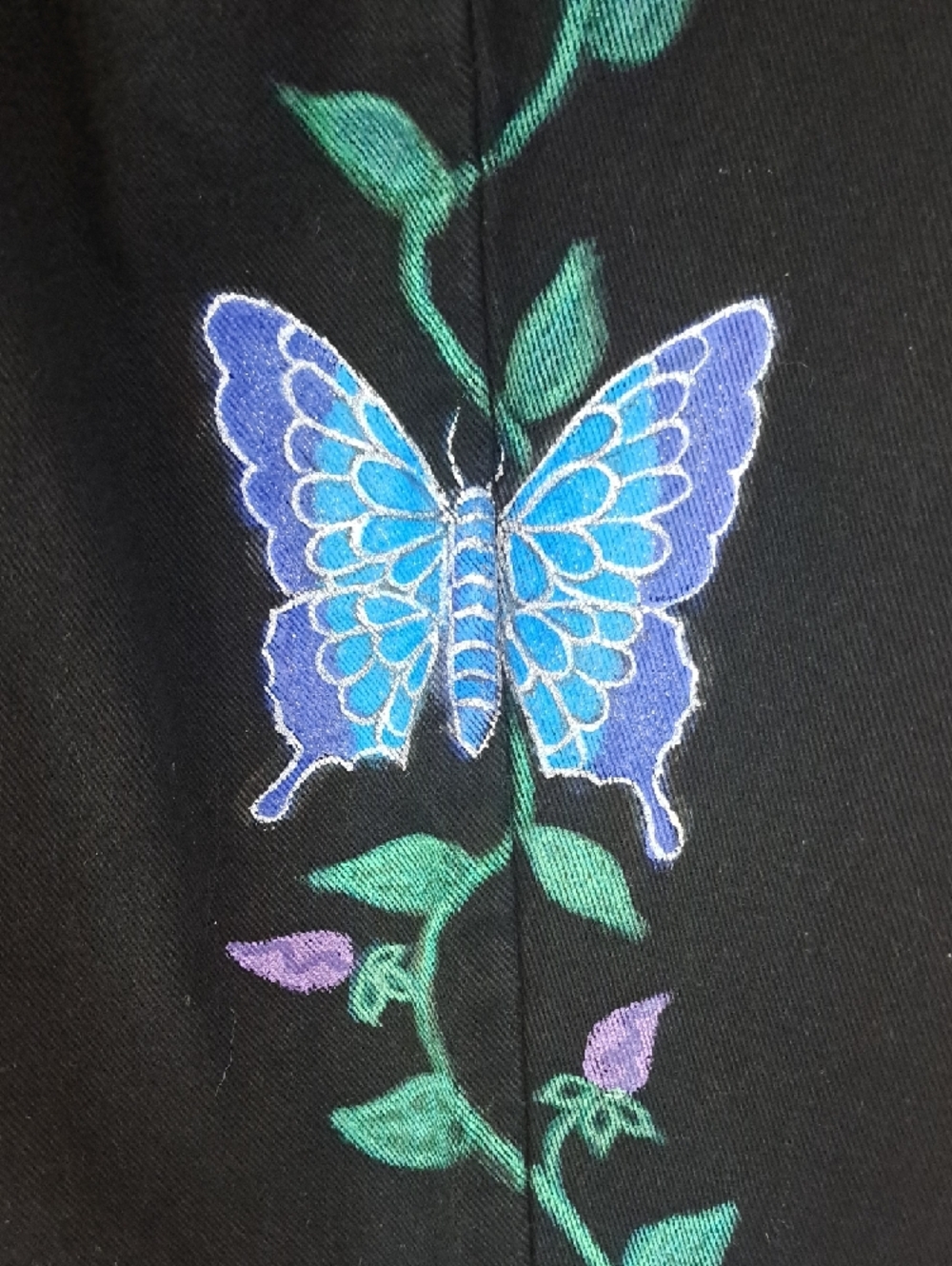 Hand Painted Black Jeans with Blue Butterfly & Vines  Flowers - Picture 4 of 11
